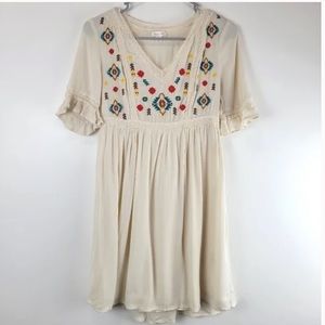 Cream Floral Embroidery Boho Dress